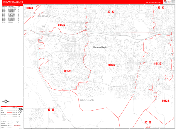 Highlands Ranch City Wall Map Red Line Style